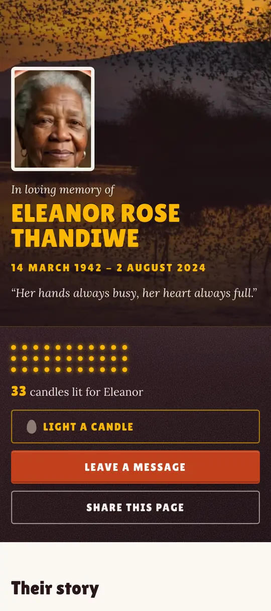 The example memorial page open on a phone