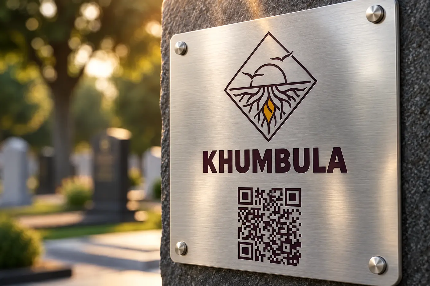 A brushed aluminium Khumbula QR plaque fixed to a headstone